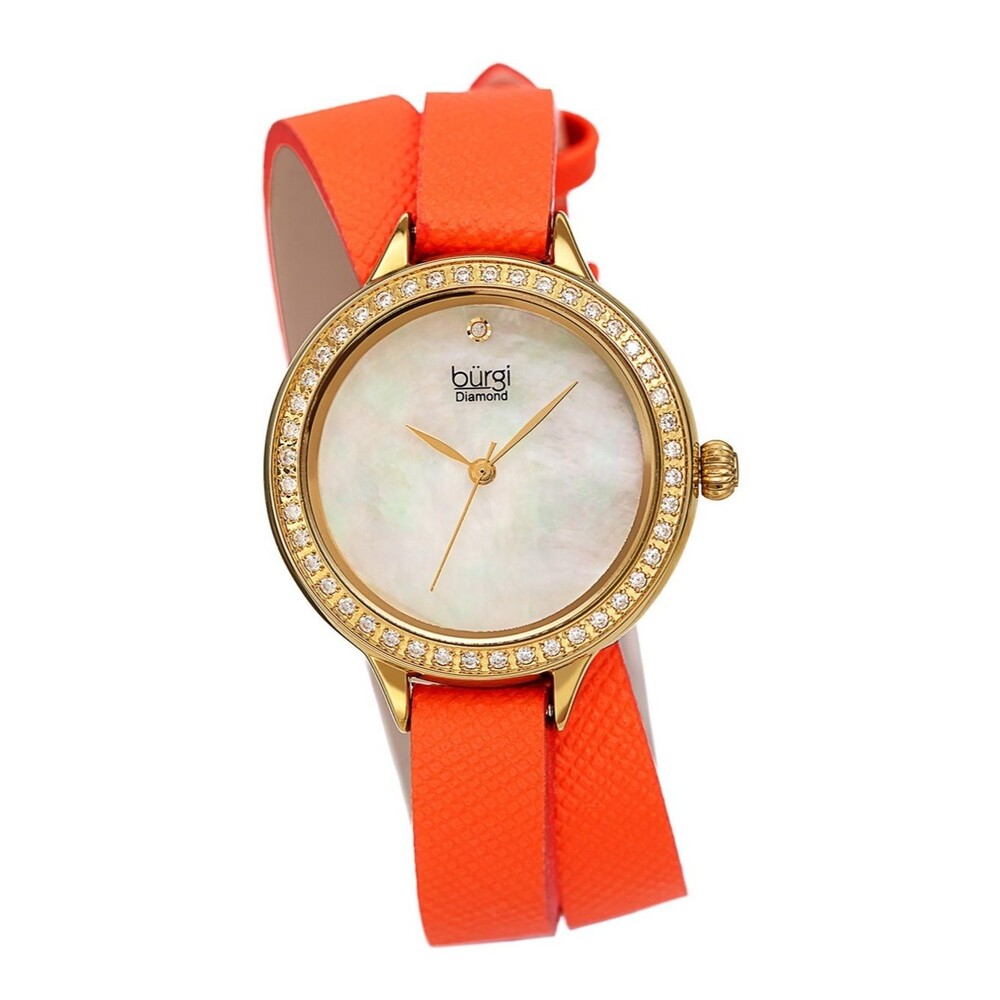 Burgi Women's Safiano Pattern Genuine Leather Double Wrap Strap Diamond Watch